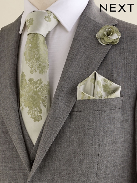 Green Floral Tie and Pocket Square Set (AN1642) | £20