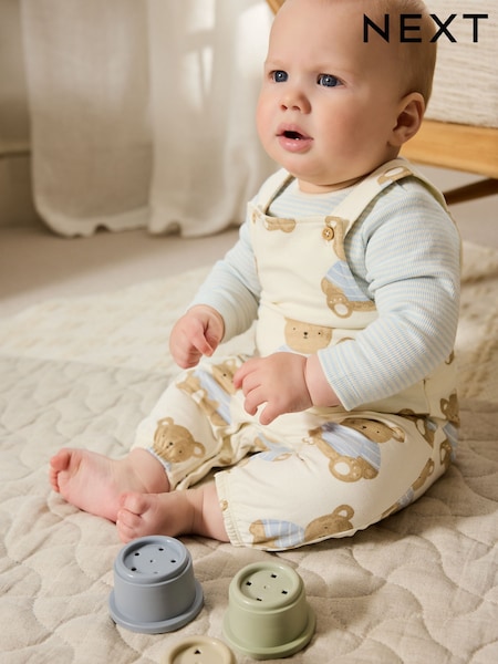 Blue Bear Print Baby Jersey Dungarees And Bodysuit Set (0mths-2yrs) (AN1763) | £17 - £19