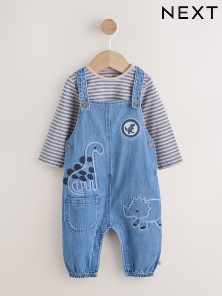Blue Dinosaur Baby Denim Dungarees and Bodysuit Set (0mths-2yrs) (AN1766) | £20 - £22