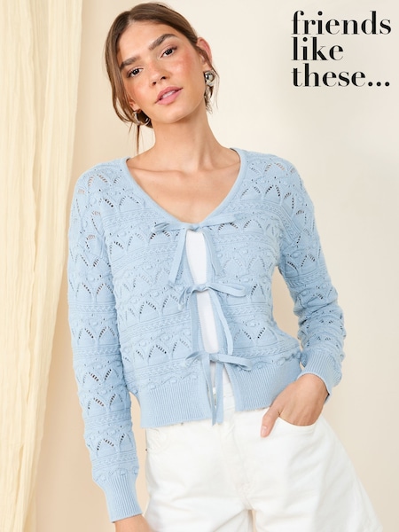 Friends Like These Blue Tie Front Pointelle 100% Cotton Cardigan (AN1804) | £38