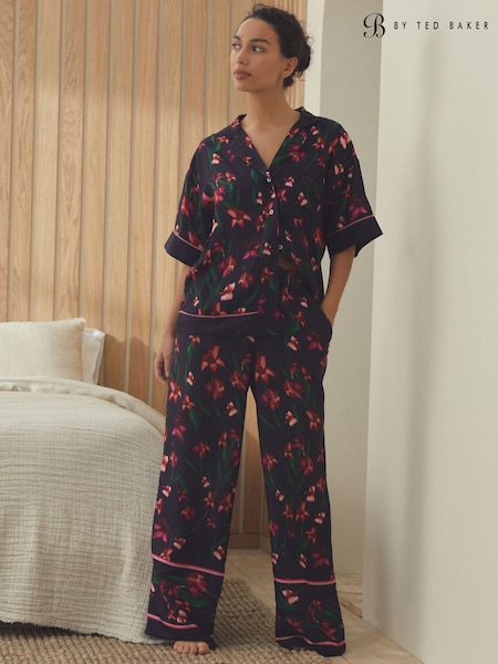 B by Ted Baker Navy Floral Print Wide Leg Button Through Pyjamas Set (AN1808) | £59