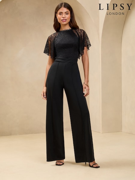 Lipsy Black Short Sleeve Lace Jumpsuit (AN1810) | £65