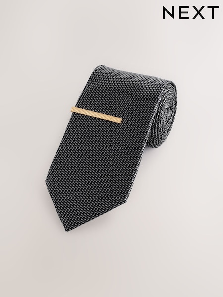 Grey Textured Tie with Tie Clip (AN2146) | £14