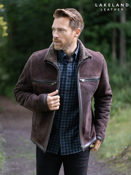 Lakeland Leather Brown Buccaneer Suede Finish Sheepskin Racer Jacket (AN2168) | £499