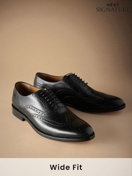 Black Wide Fit Signature Italian Leather Wingcap Brogue Shoes (AN2181) | £99