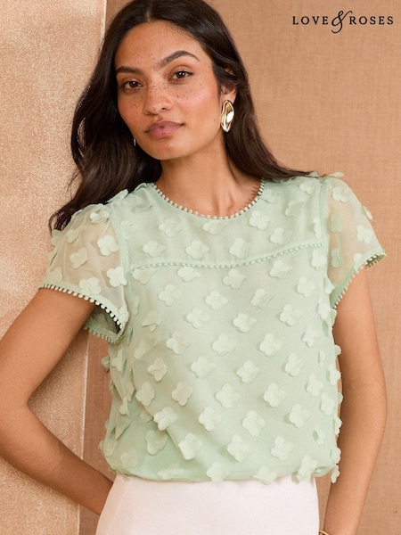 Love & Roses Mint Green Petite 3D Floral Short Sleeve Top (AN2239) | £36