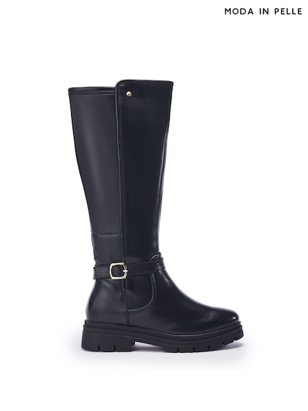 Moda in Pelle Hannis Chunky Sole Buckle Detail Long Leather Black Boots (AN2284) | £169