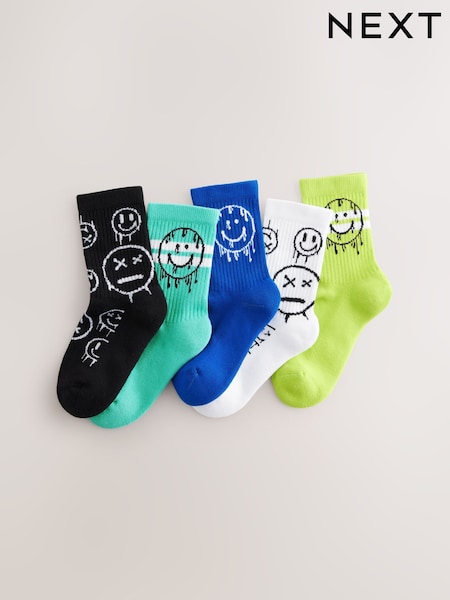 Blue/Green Graffiti Smile Cushioned Footbed Cotton Rich Ribbed Tipped Socks 5 Pack (AN2365) | £7 - £10