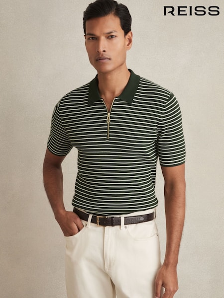 Reiss Forest Green Fallow Half-Zip Stripe Polo Shirt (AN2396) | £110