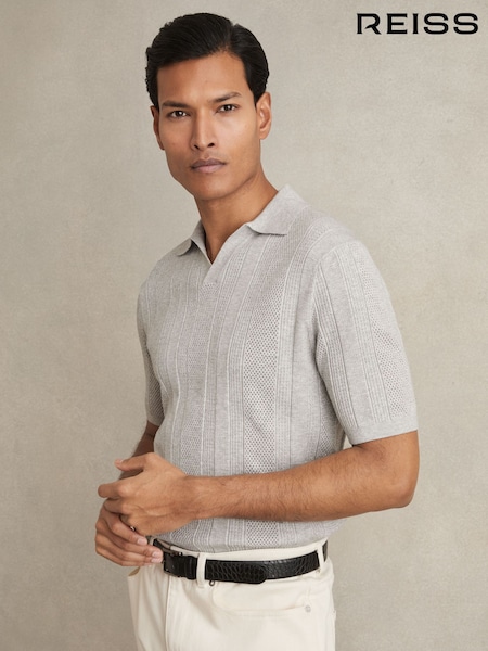 Reiss Grey Melange Kansas Textured-Stripe Knitted Polo Shirt (AN2398) | £110