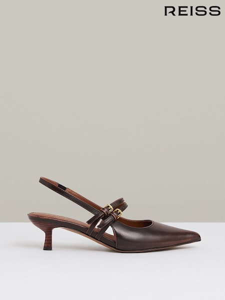 Reiss Chocolate Isla Leather Slingback Buckle Court Shoes (AN2403) | £168