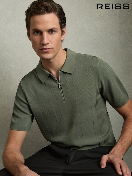 Reiss Herb Green Bart Half-Zip Textured-Knit Polo Shirt (AN2414) | £110
