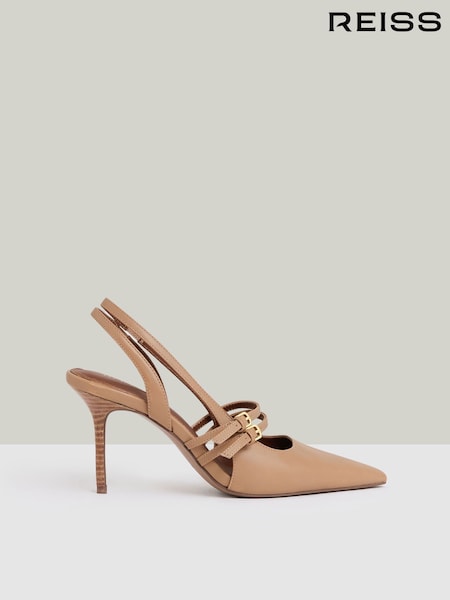 Reiss Neutral Beatrice Leather Buckle-Strap Court Shoes (AN2416) | £178