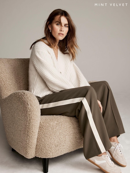 Mint Velvet Khaki Stripe Straight Trackpant Trousers (AN2453) | £110