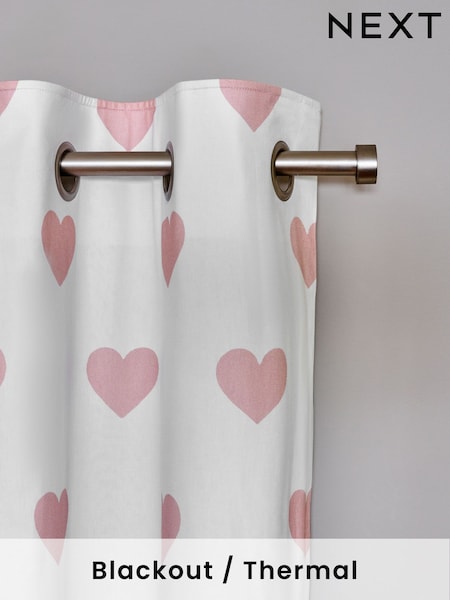 Pink Heart Print Blackout Thermal 100% Cotton Eyelet Curtains (AN2487) | £50 - £110