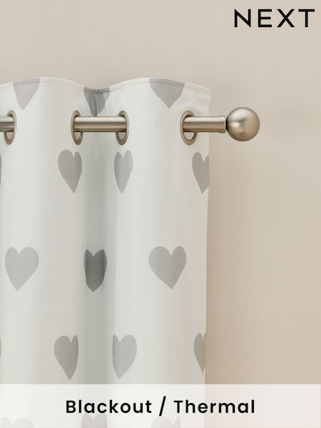 Grey Heart Print Blackout Thermal 100% Cotton Eyelet Curtains (AN2488) | £50 - £110
