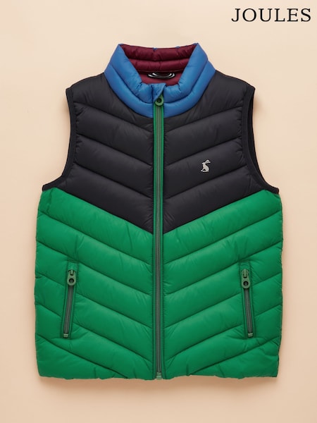 Joules Kids' Crofton Gilet Blue and Green Hotchpotch Showerproof Padded Gilet (AN2554) | £29 - £35