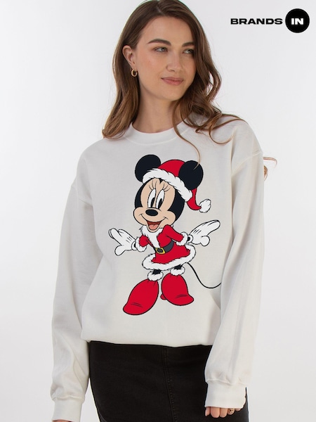 Brands In White Disney Minnie Mouse Christmas Women White Sweatshirt (AN2568) | £36