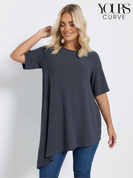 Yours Curve Charcoal Grey Asymmetric Ribbed T-Shirt (AN2612) | £27
