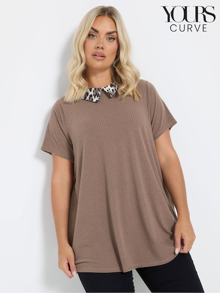Yours Curve Brown Collar Ribbed Swing T-Shirt (AN2627) | £24