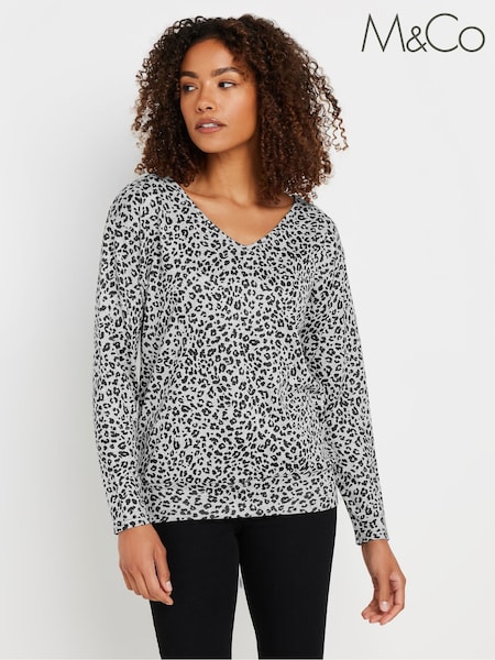 M&Co Grey Leopard Print V-Neck Long Sleeves Top (AN2687) | £30
