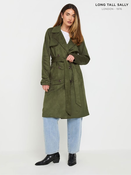 Long Tall Sally Khaki Green Faux Suede Midi Trench Coat (AN2719) | £74