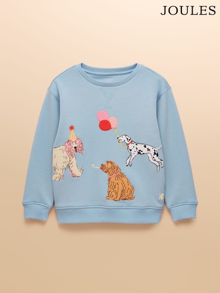 Joules Girls' Mackenzie Blue Embroidered Artwork Sweatshirt With Faux Faur Lining (AN2961) | £24 - £27