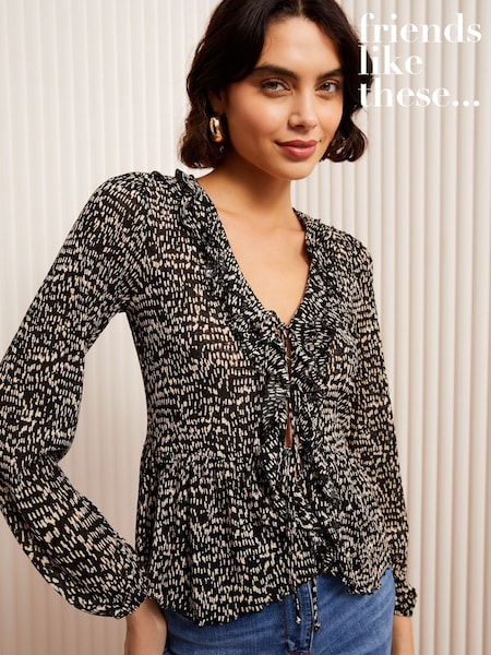 Friends Like These Black Print Ruffle Front Mesh Blouse (AN2988) | £32