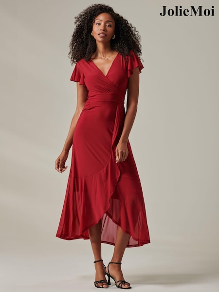 Jolie Moi Dark Red Plain Wrap Mesh Maxi Dress (AN3002) | £79