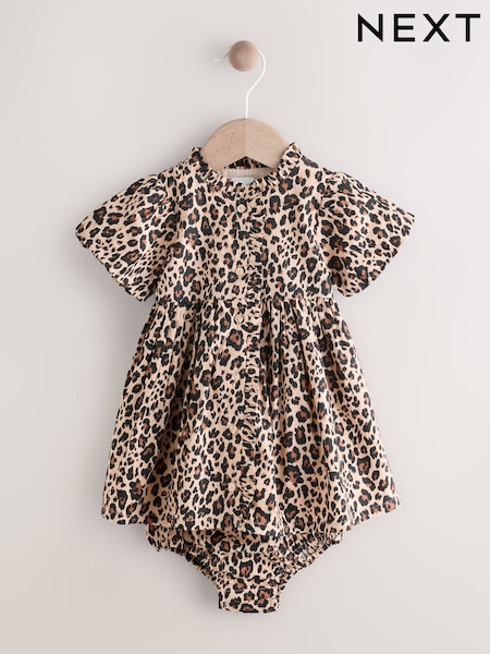 Tan Brown Leopard Print Baby 100% Cotton Woven Dress and Bloomer Knickers Set (0mths-2yrs) (AN3121) | £18 - £20