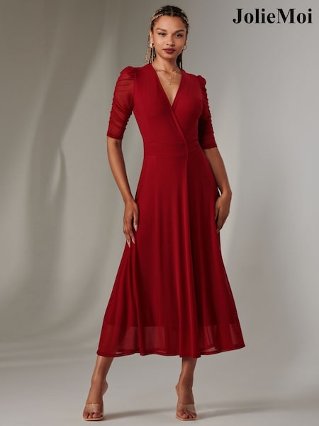 Jolie Moi cherry red Zeena Plain Wrap Mesh Maxi Dress (AN3269) | £75