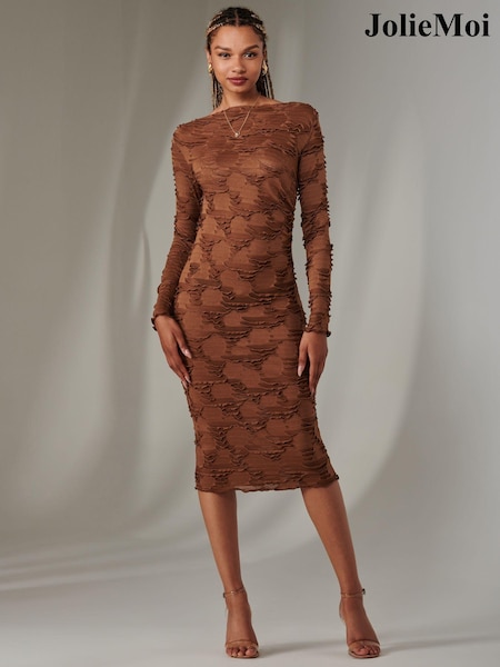Jolie Moi Brown Long Sleeve Textured Midi Dress (AN3271) | £55
