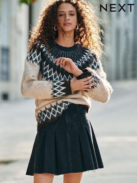 Washed Black 100% Cotton Pleated Denim Mini Skirt (AN3411) | £30