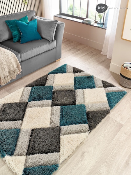 Origin Rug Collection. Teal 3DGEO Shaggy Rug (AN3422) | £70