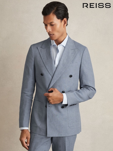 Reiss Airforce Blue Warner Db Slim-Fit Linen Double-Breasted Suit Blazer (AN3470) | £330