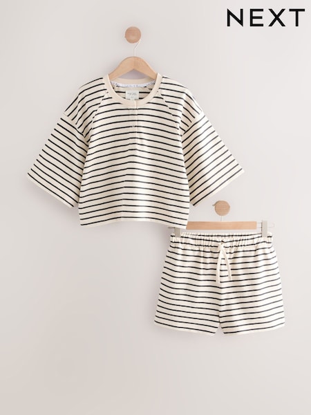Black/White 100% Cotton Textured Short Set Pyjamas (AN3514) | £30