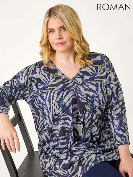 Roman Blue Curve Animal Print Pleat Front Tunics Top (AN3666) | £38