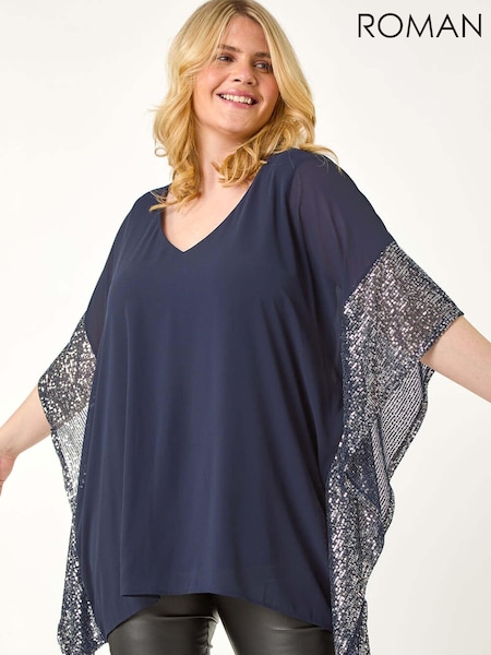 Roman Blue Curve Sequin Trim Overlay Top (AN3667) | £48