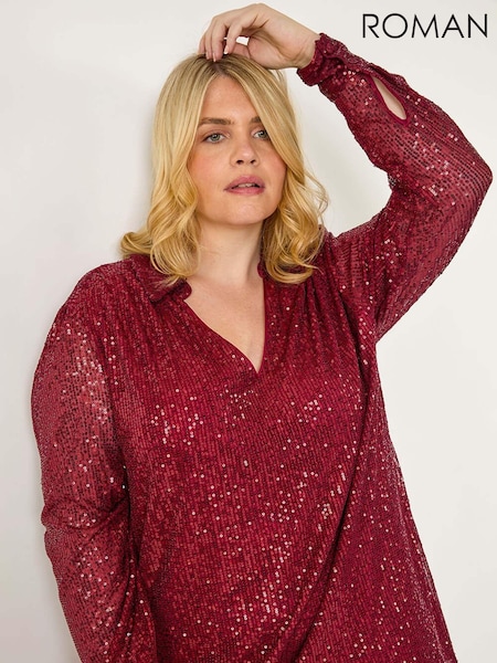 Roman Red Curve Sequin V-Neck Stretch Blouses (AN3670) | £50
