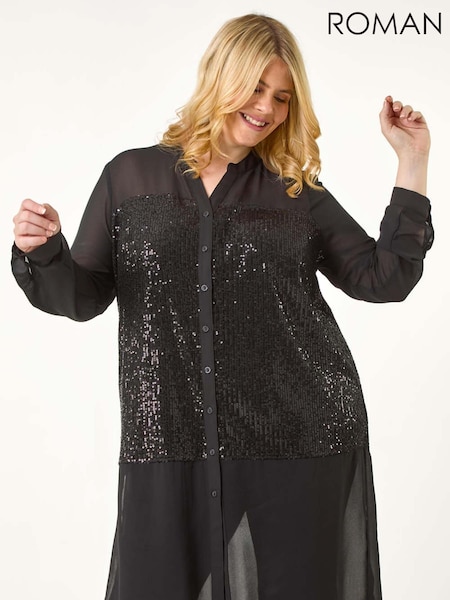 Roman Black Curve Sequin V-Neck Chiffon Blouse (AN3677) | £55