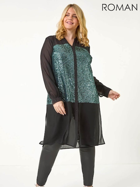 Roman Green Curve Sequin V-Neck Chiffon Blouse (AN3679) | £55