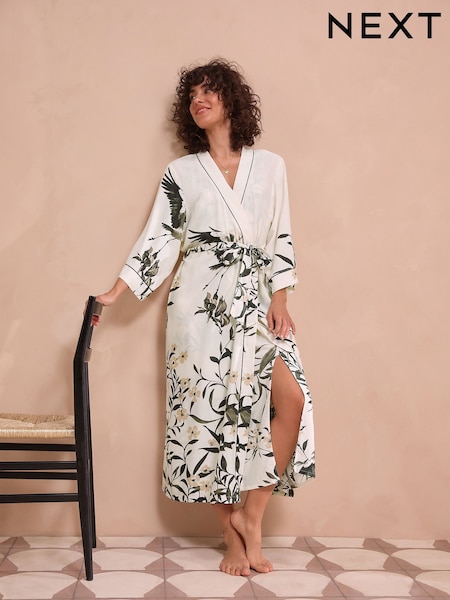 Black/White Heron Linen Blend Lightweight Dressing Gown (AN3684) | £48