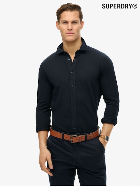 Superdry Blue Vintage Destroy Pique Long Sleeve 100% Cotton Shirt (AN3907) | £40