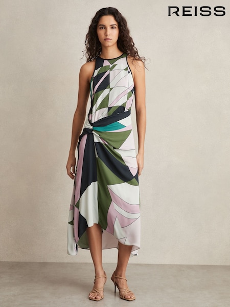 Reiss Green Avia Geometric-Print Gathered Midi Dress (AN3987) | £230