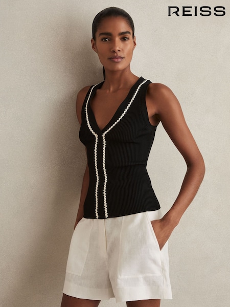 Reiss Black/White Lanette Ribbed Knit Craft Stitch Vest Top (AN4013) | £98