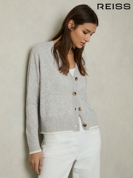 Reiss Grey/Ivory Abigail Tipped V-Neck Cardigan With Wool And Cashmere (AN4017) | £110