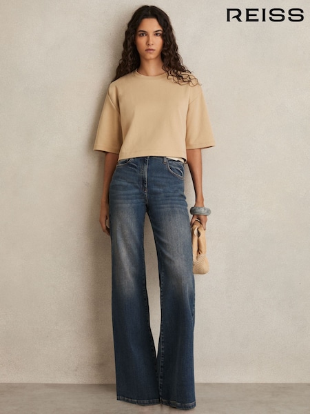 Reiss Sand Alex Stretch-Cotton Cropped T-Shirt (AN4018) | £40