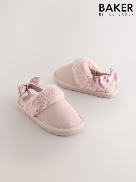 Baker by Ted Baker Girls Suede Faux Fur Mule Slippers with Bow (AN4065) | £30 - £32