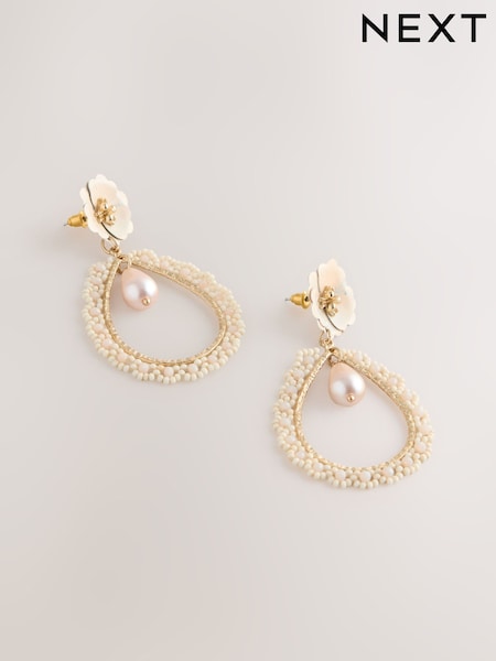 White Flower Pearl Effect Drop Earrings (AN4076) | £16