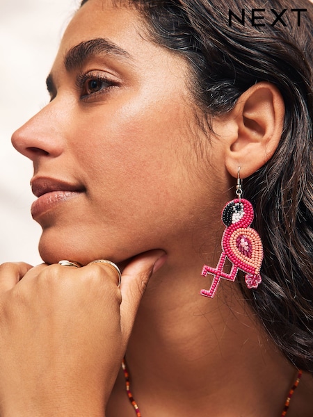 Pink Beaded Flamingo Drop Earrings (AN4082) | £14
